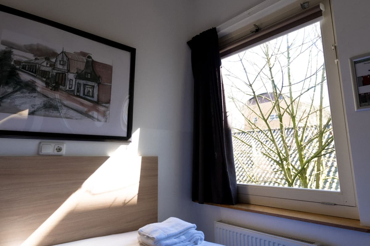 A hotel room with a bed, a window with a view of buildings, and a framed picture on the wall.
