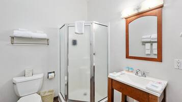 A modern bathroom with a glass-enclosed shower, a white sink with a wooden vanity, and a mirror above the sink.