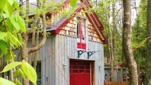 Una cabaña rústica de madera con puerta roja y una ventana pequeña, rodeada de árboles.