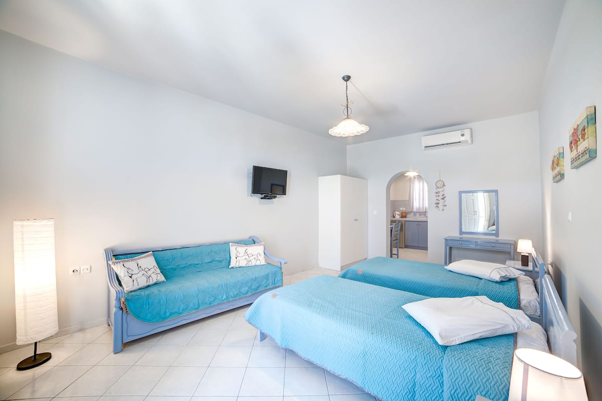 A bedroom with two beds, a sofa, a TV, a wardrobe, and a mirror.
