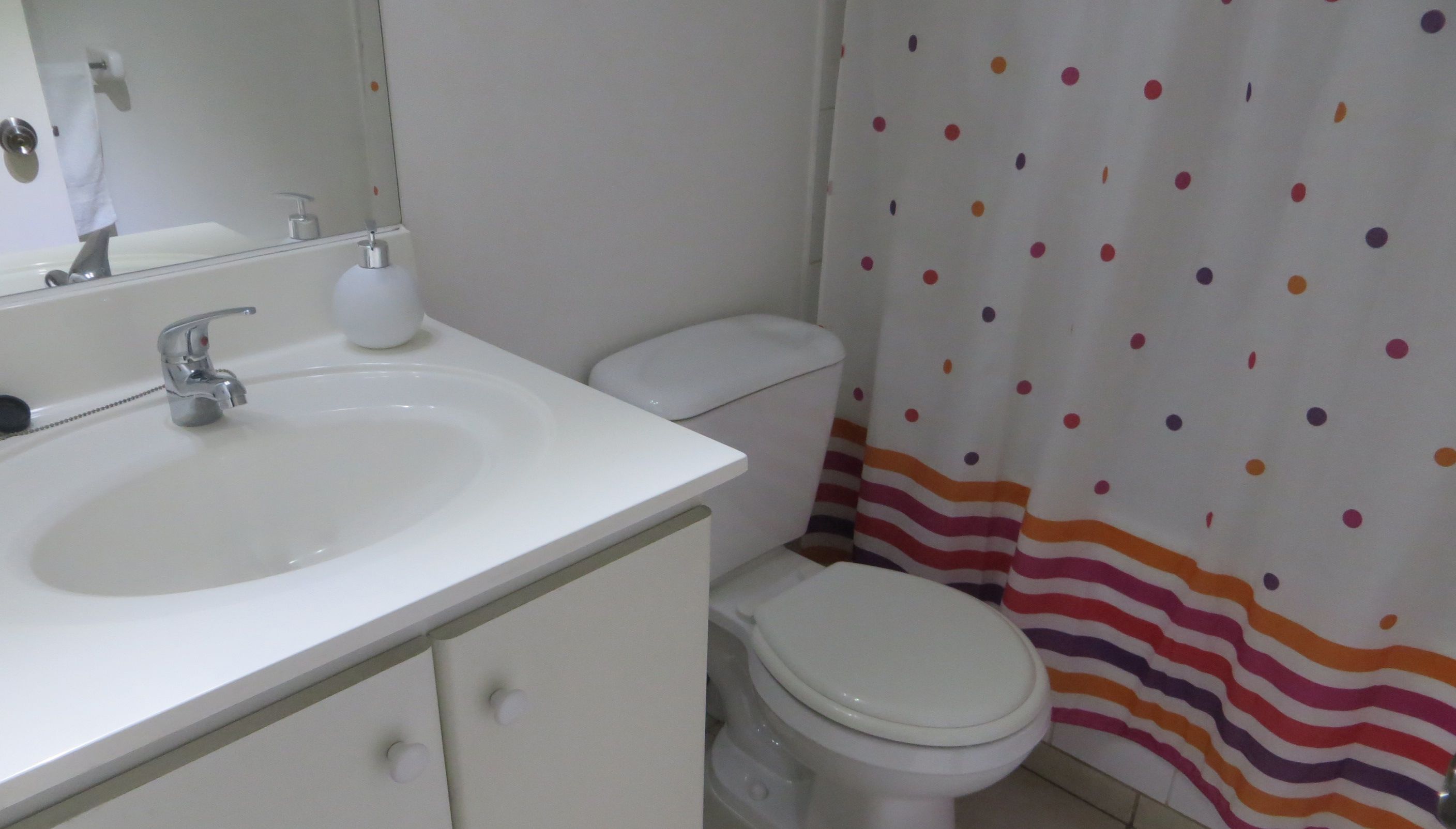 A bathroom with a white sink, a mirror, a toilet, and a shower curtain with a polka dot pattern.