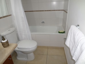 A bathroom with a toilet, a bathtub, and a shower curtain.
