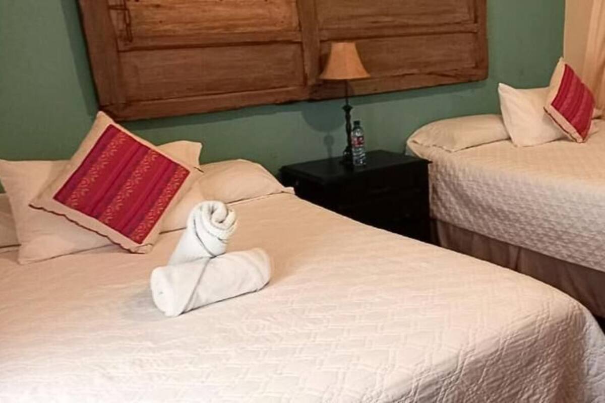 Habitación de hotel con dos camas, cada una con cubrecama y almohadas blancas. Se observa un cabecero de madera, una mesita de noche con lámpara y una botella de agua sobre la mesita.