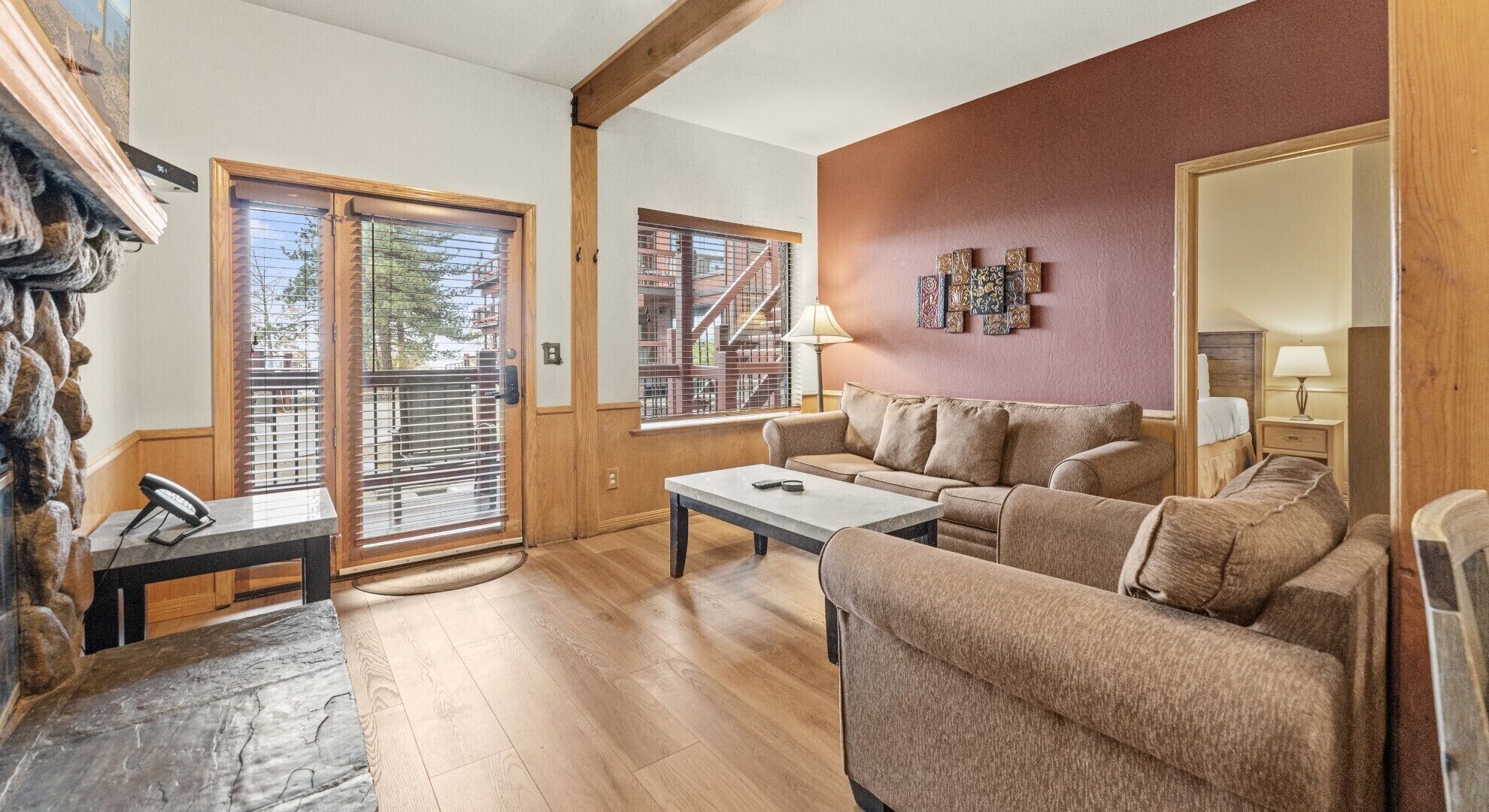 42-inch flat-screen TV with cable channels, fireplace, books