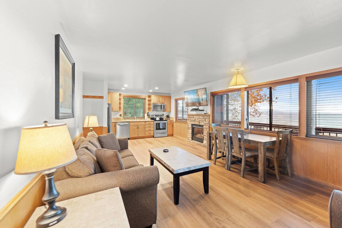A spacious living area with a sofa, coffee table, and dining table. A kitchen with modern appliances and wooden cabinets is visible in the background.