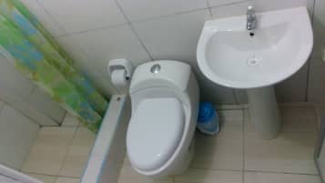 Shower, pengering rambut,  dan handuk