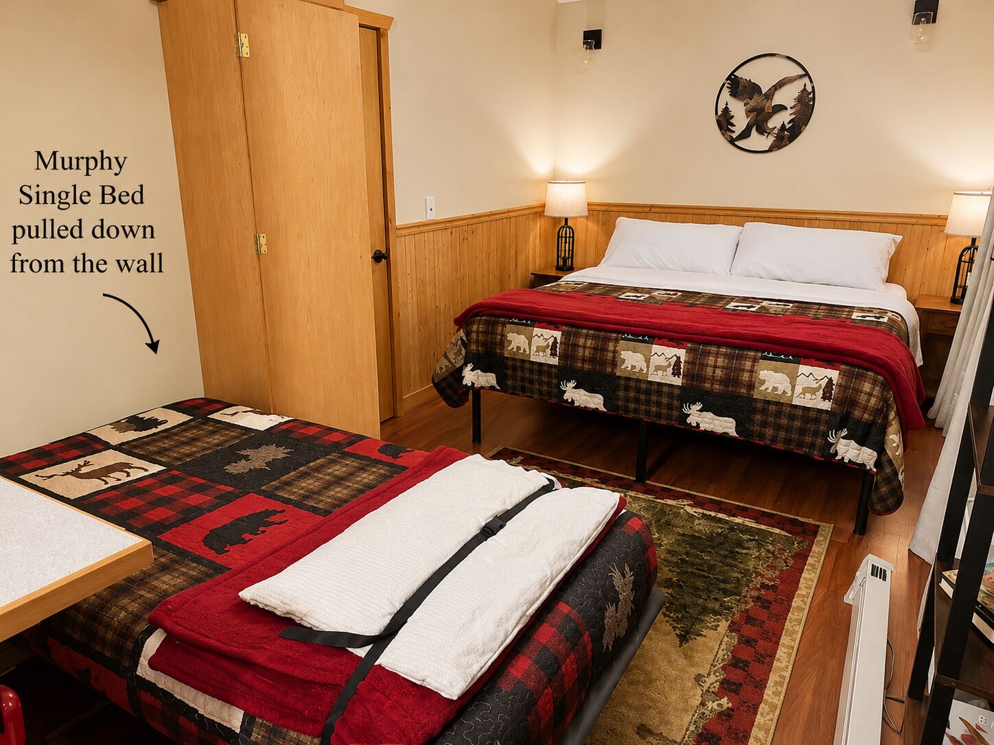 A Murphy single bed pulled down from the wall, a wooden door, a wall-mounted lamp, and a decorative wall piece.