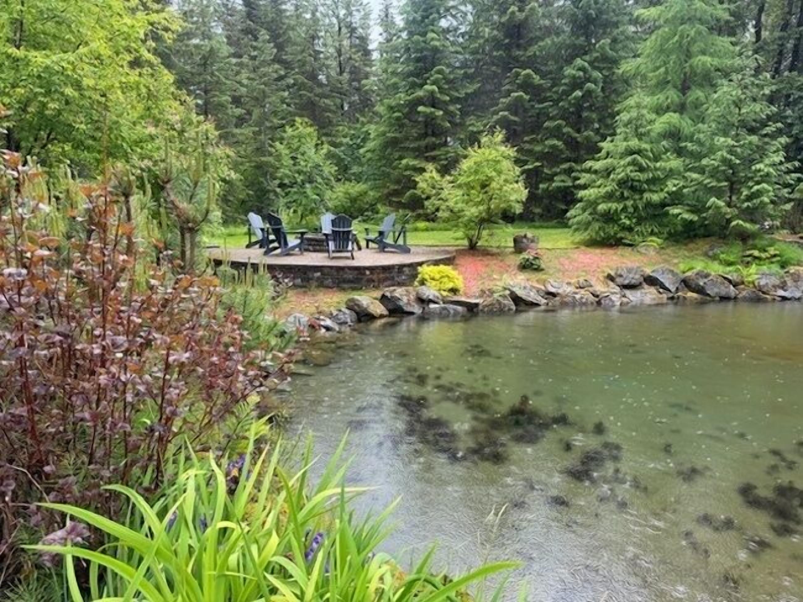 Un étang avec une terrasse et des chaises, entouré de verdure.