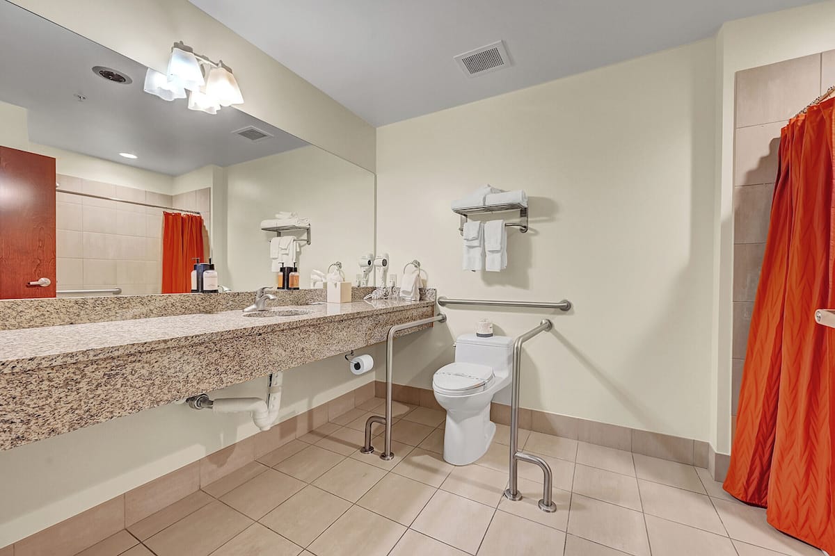 Ein modernes Badezimmer mit einer Naturstein-Arbeitsplatte, einer Toilette mit Haltegriffen, einer Duschvorhang und einem Spiegel.