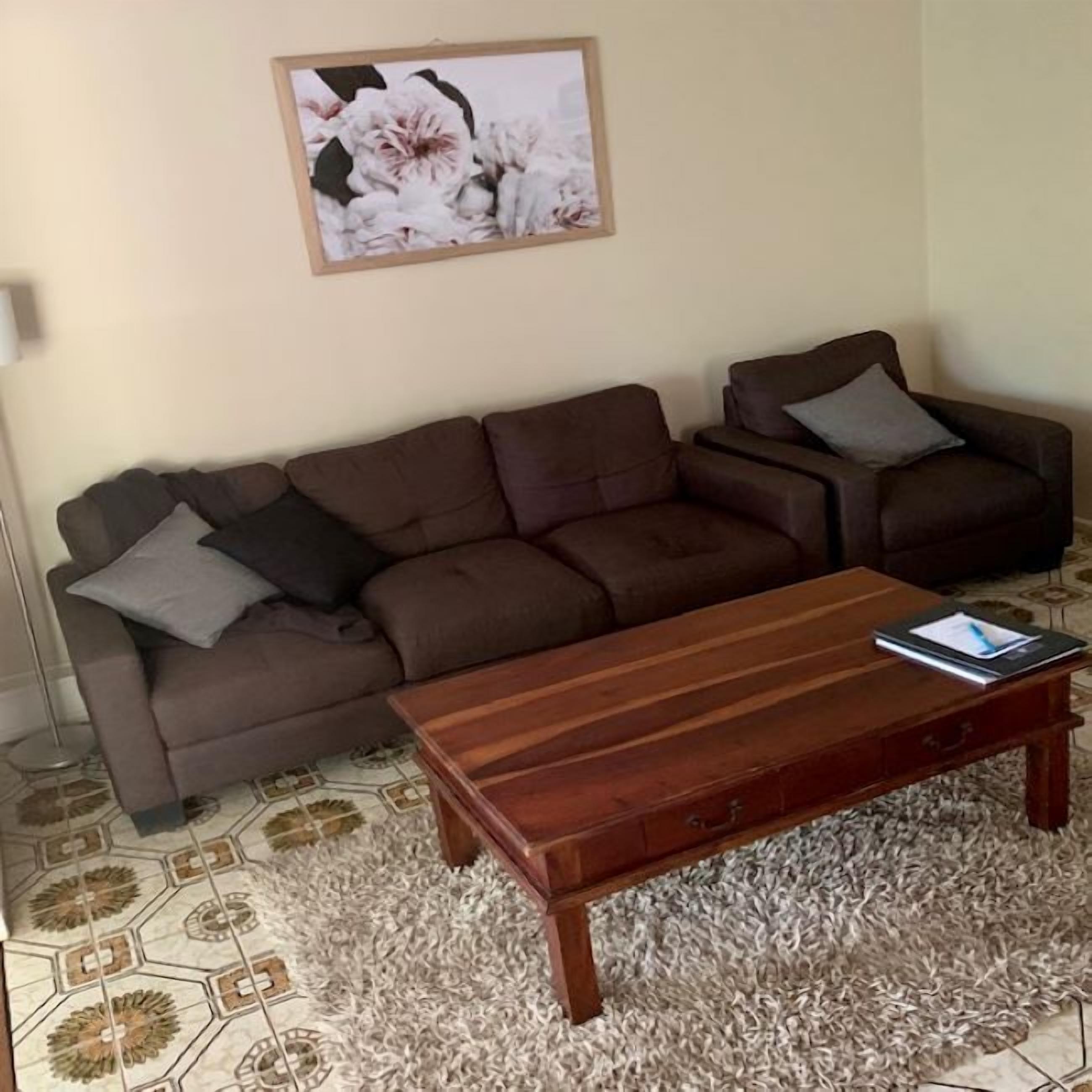 A living room with a brown sofa set, a wooden coffee table, and a patterned rug.