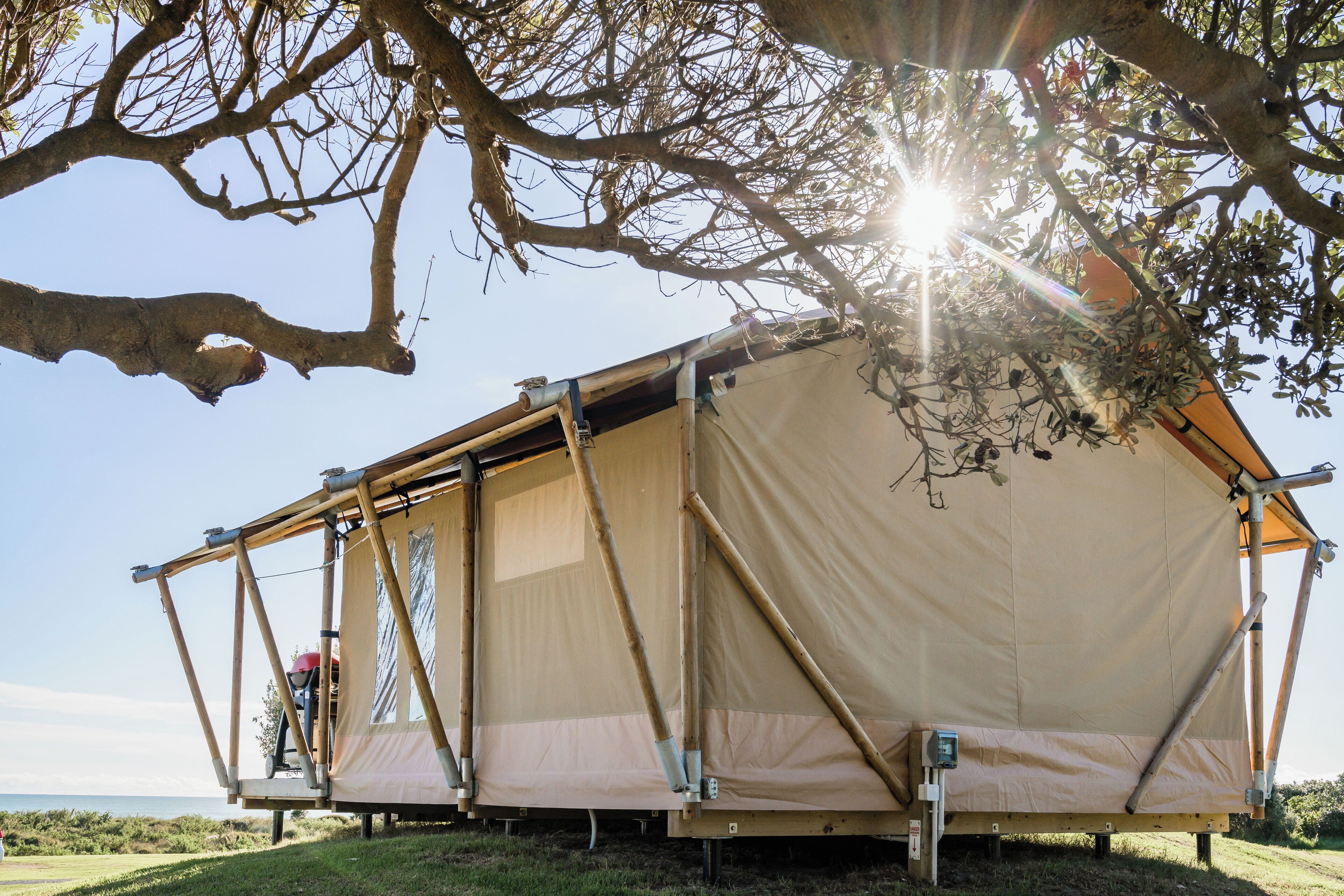 A tent-like structure with a flat roof, supported by wooden poles, and a metal framework.