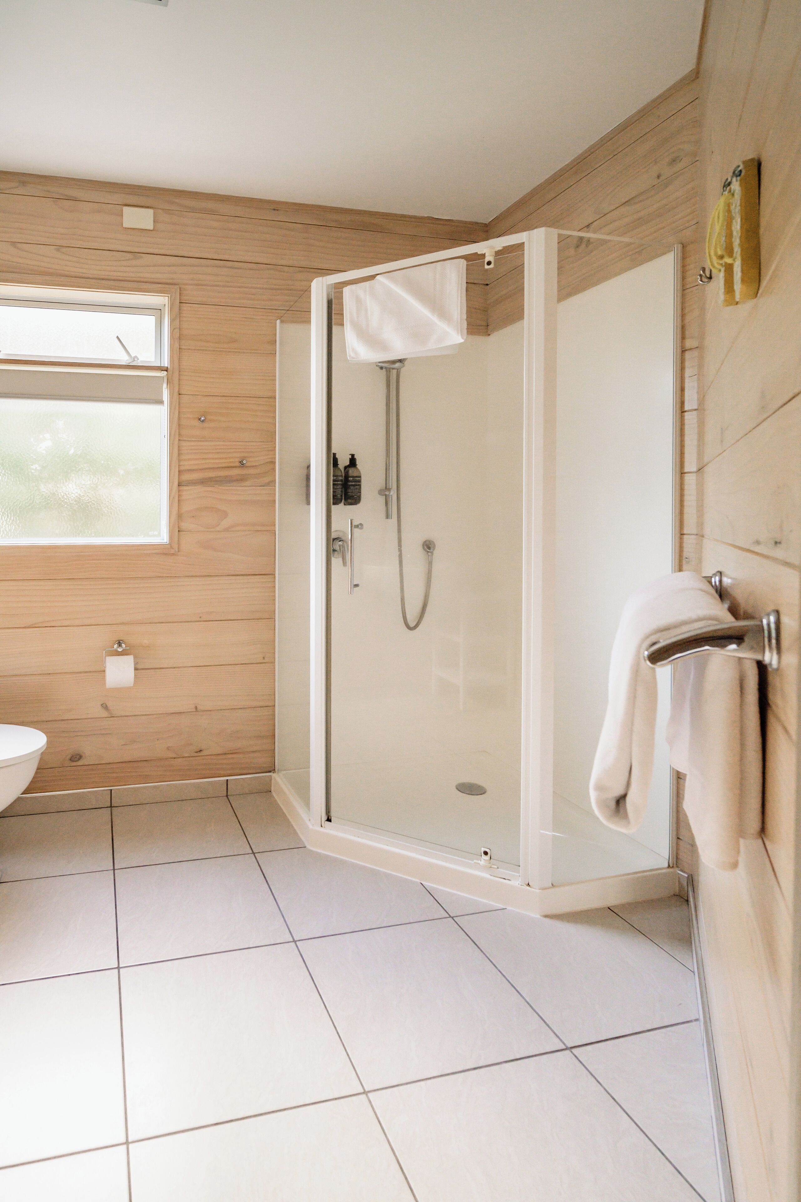 A modern bathroom with a glass shower enclosure, a toilet, and a towel rack.