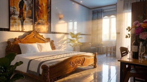 Un dormitorio con una cama grande, una zona de comedor con mesa y sillas, y vistas al exterior.