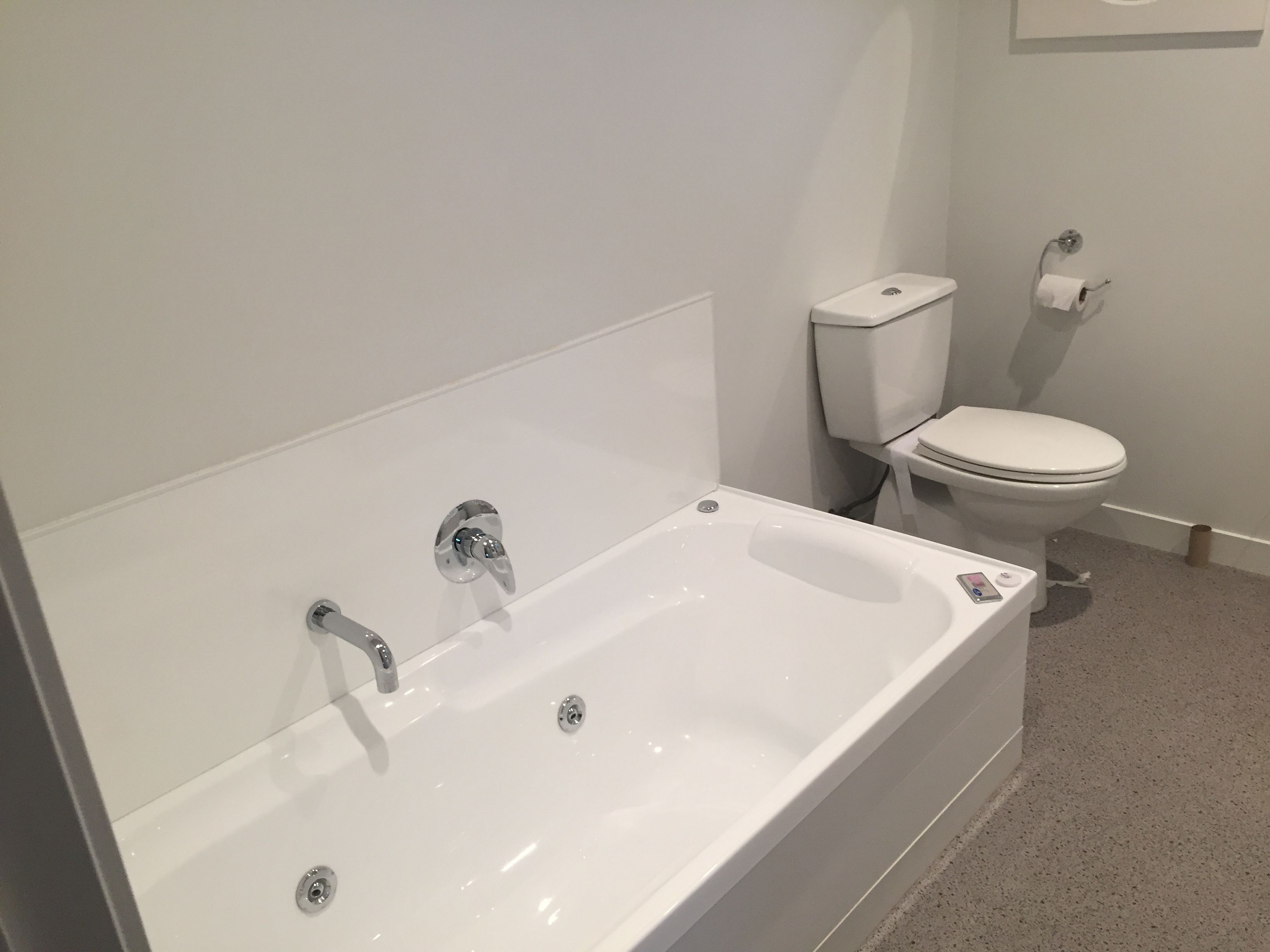 Un baño con una bañera blanca, un inodoro y un dispensador de papel higiénico.