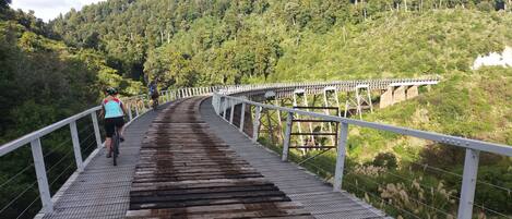 A pedestrian bridge with metal railings and a wooden walkway.