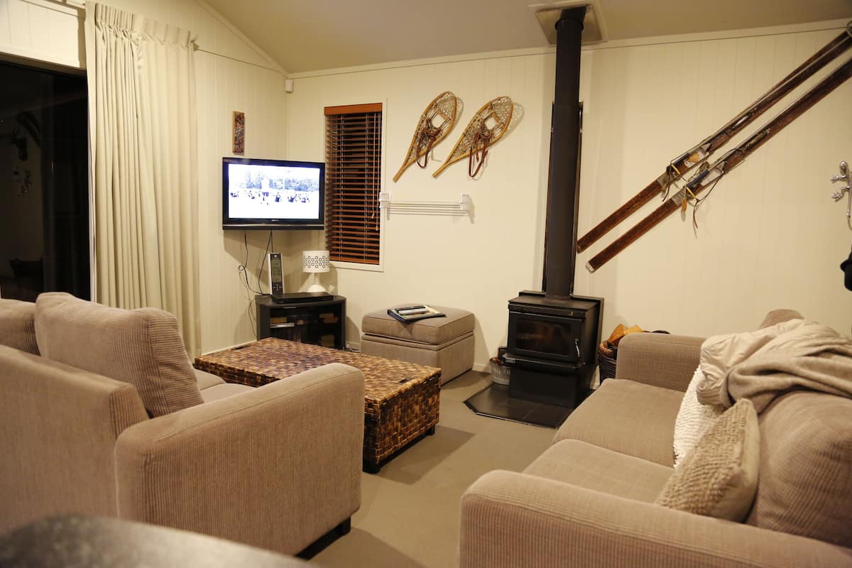Una sala de estar con televisor, chimenea y esquíes apoyados en la pared.