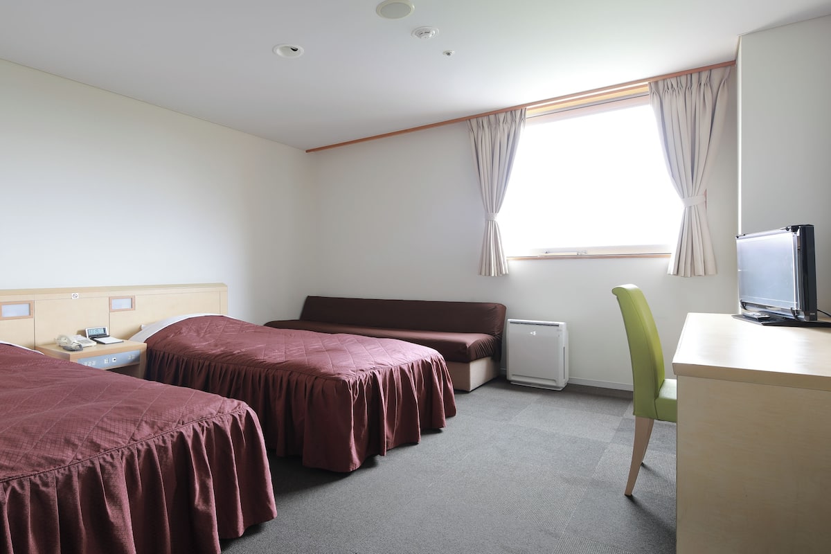 A hotel room with two beds, a desk, a chair, a television, and a window with curtains.