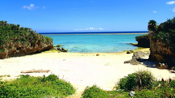 A beach with clear turquoise water, sandy shore, and lush greenery. - Fu-rai-so Private Villa (Nakijin)