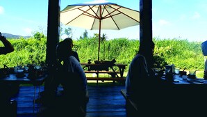 An outdoor dining area with a table and chairs under a large umbrella, overlooking a lush green landscape. - Fu-rai-so Private Villa (Nakijin)