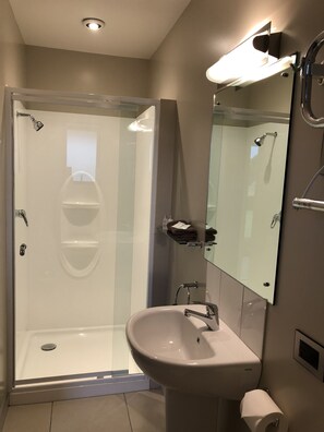 Shower, free toiletries, hair dryer, towels