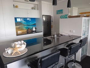 Full-size fridge, microwave, oven, stovetop
