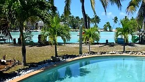 A clear swimming pool with a curved edge, surrounded by palm trees and a view of the ocean.