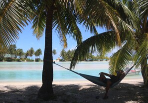 A hammock tied between palm trees on a beach with clear water and distant buildings.
