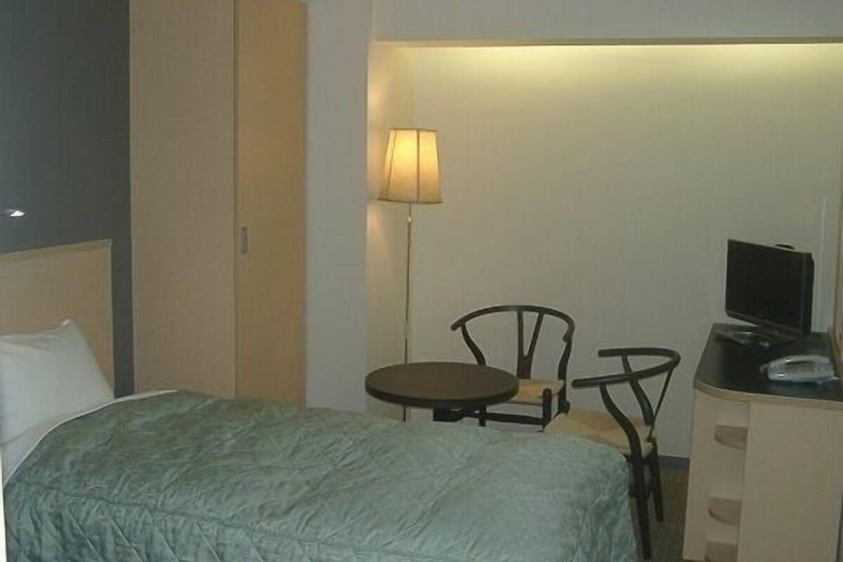 A hotel room with a bed, a desk with a television, a chair, and a lamp.