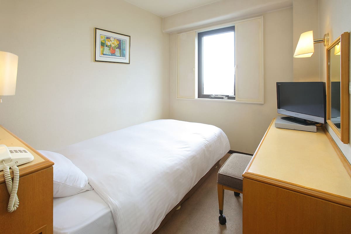Habitación de hotel con una cama individual, una mesita de noche con lámpara, un escritorio con televisor y una ventana con luz natural.