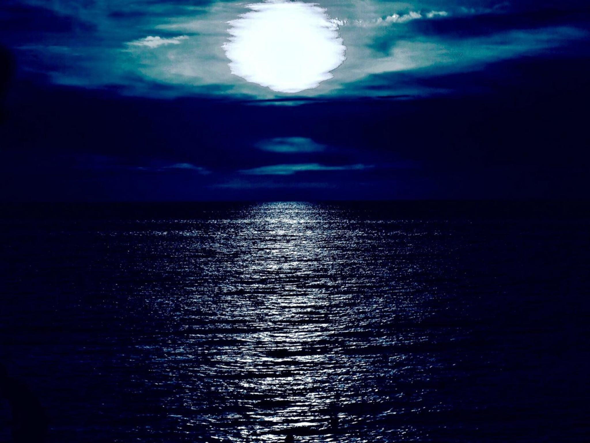 Vista nocturna de una masa de agua que refleja una luna brillante.