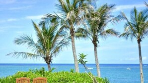 A beach with palm trees, a bench, and a clear view of the ocean. - Pension Moon Villa (Onna)