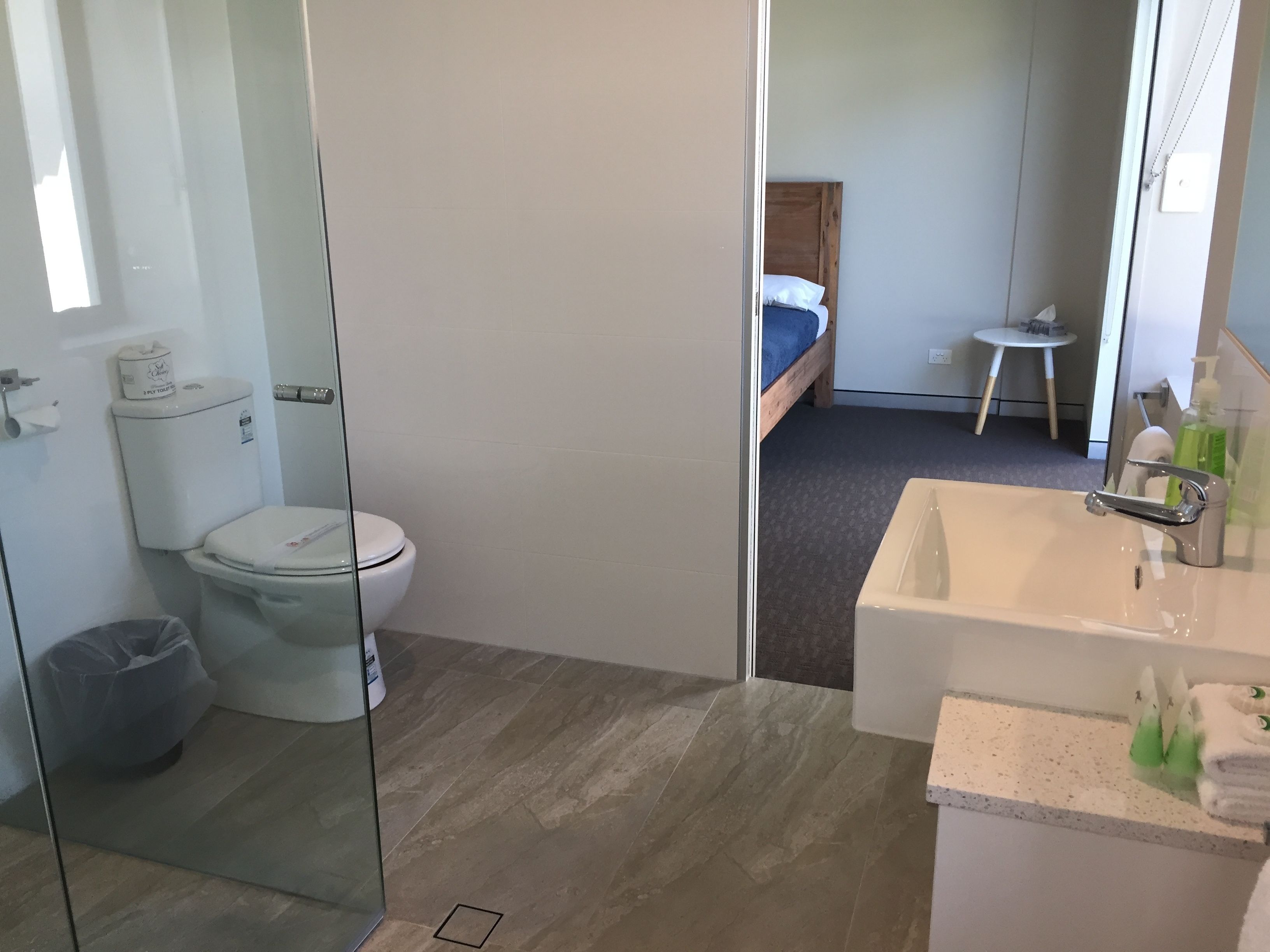 A modern bathroom with a toilet, sink, and glass shower enclosure.