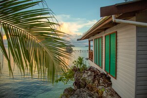 Un edificio costero con vista al mar y una palmera.