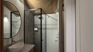 A modern bathroom with a glass-enclosed shower, a white sink, and a mirror.