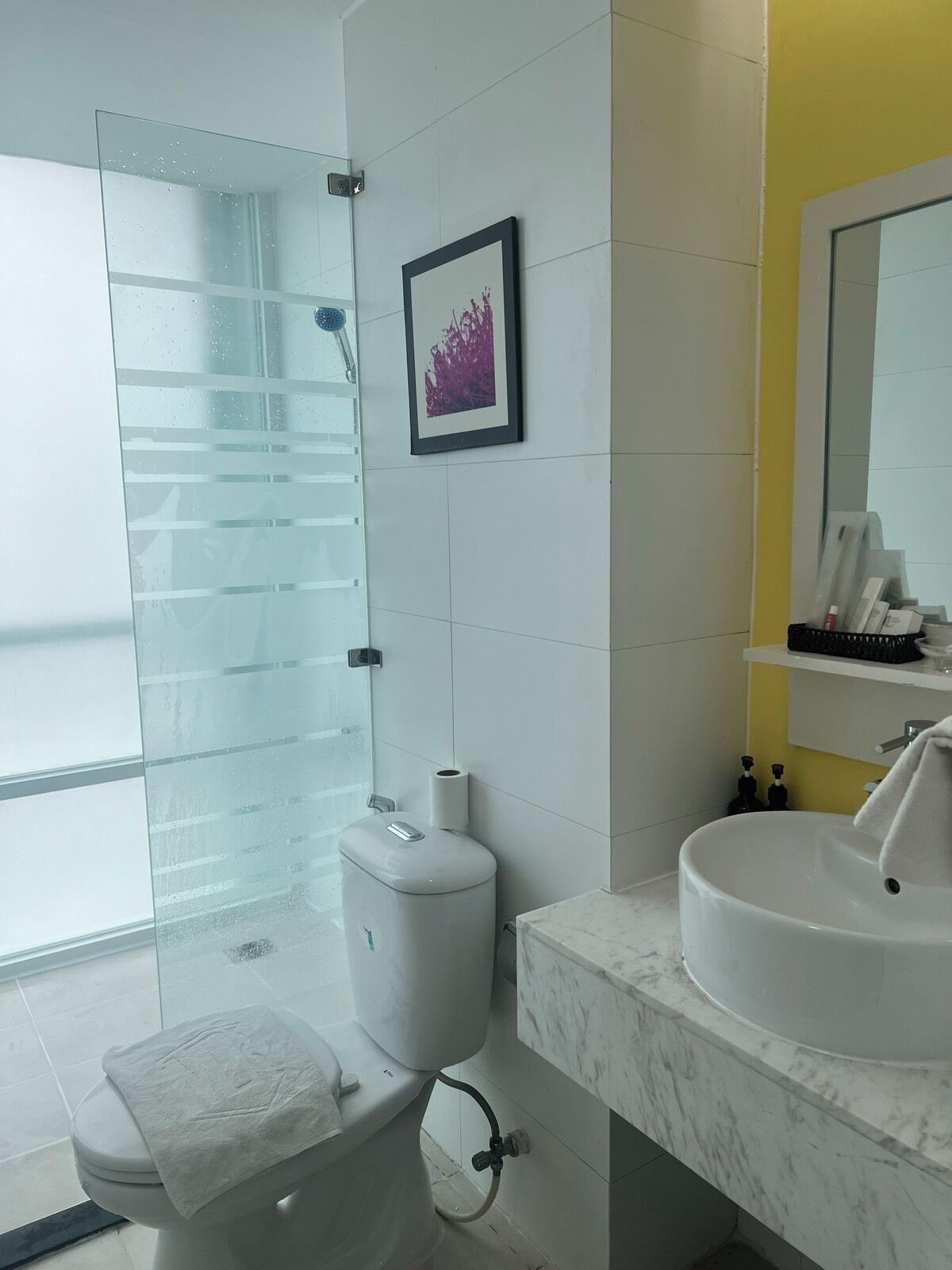 Un baño moderno con cabina de ducha de vidrio, inodoro, lavabo con encimera de mármol y una obra de arte enmarcada en la pared.
