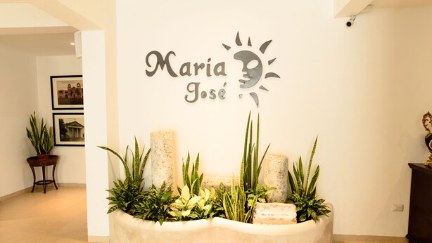 A reception area with a wall-mounted sign reading "Maria José" and a planter with various plants. - Hotel María Jose (Mérida)