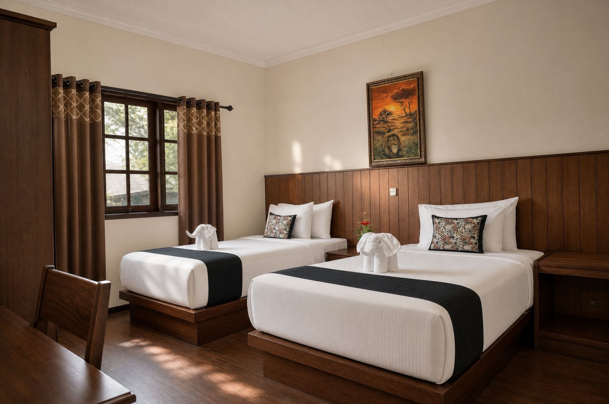 A hotel room with two beds, a wooden headboard, a painting on the wall, and a window with curtains.