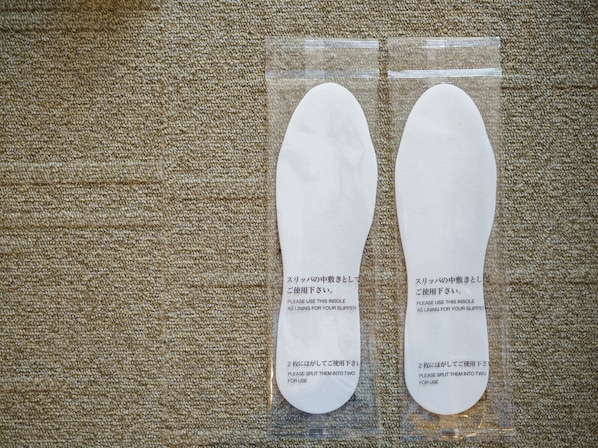 Dos plantillas para zapatos en empaque plástico con instrucciones en japonés.