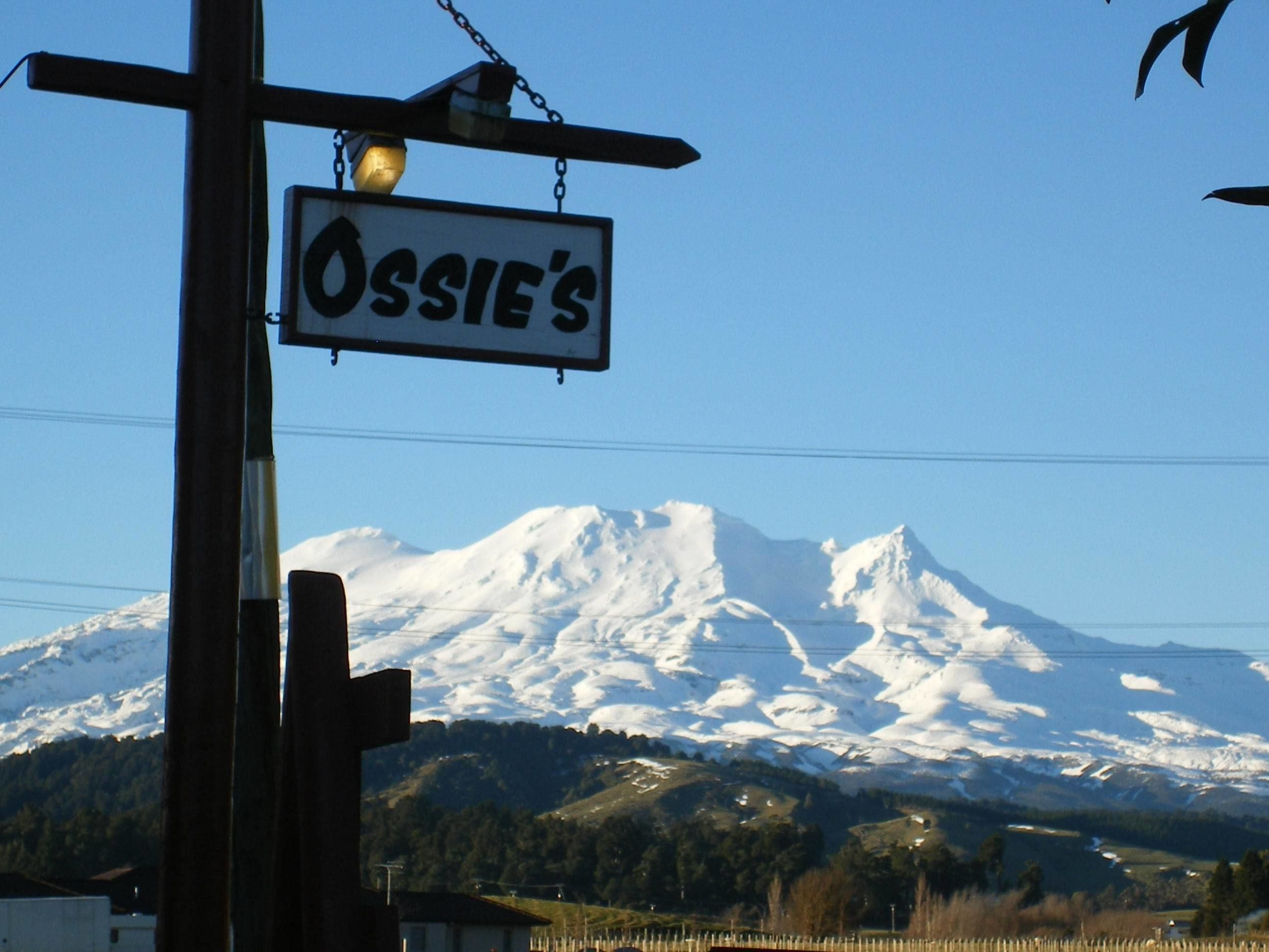 A sign for Ossie's with a mountain in the background.