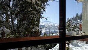 A snowy landscape with a mountain in the background, viewed through a window with a wooden frame.