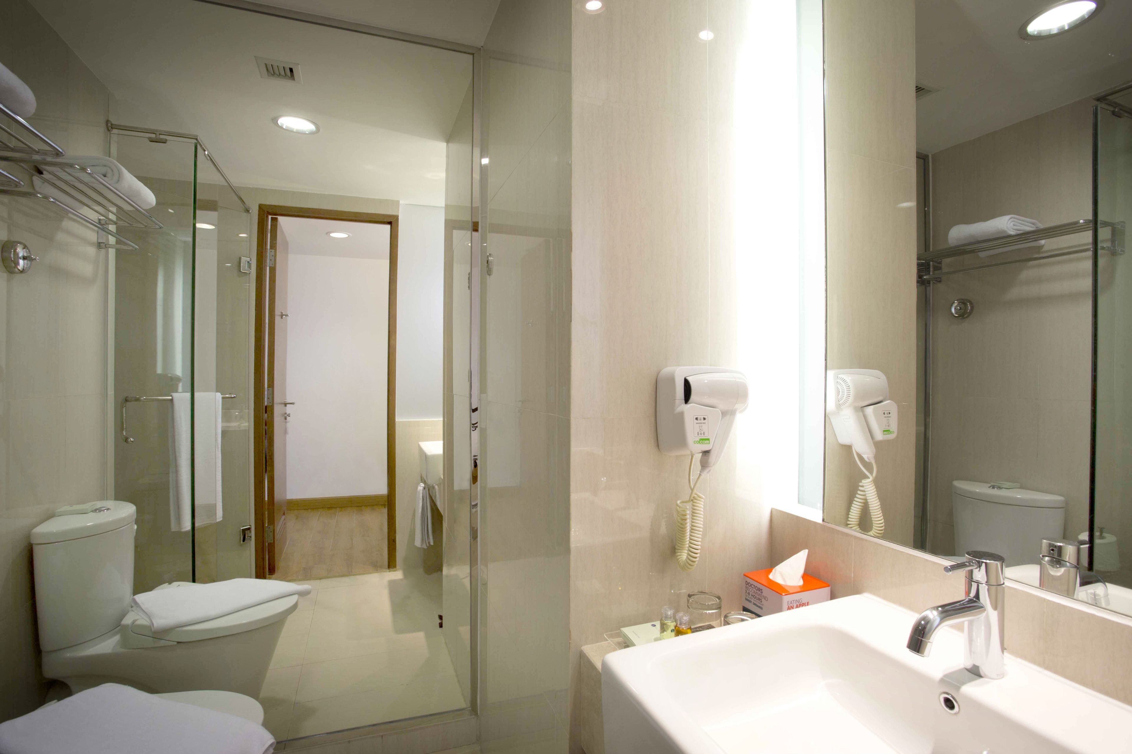 Shower, free toiletries, hair dryer, bathrobes