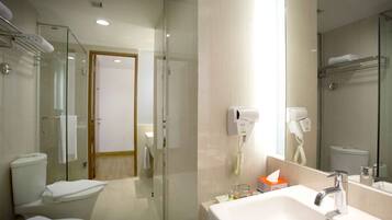 Shower, free toiletries, hair dryer, bathrobes