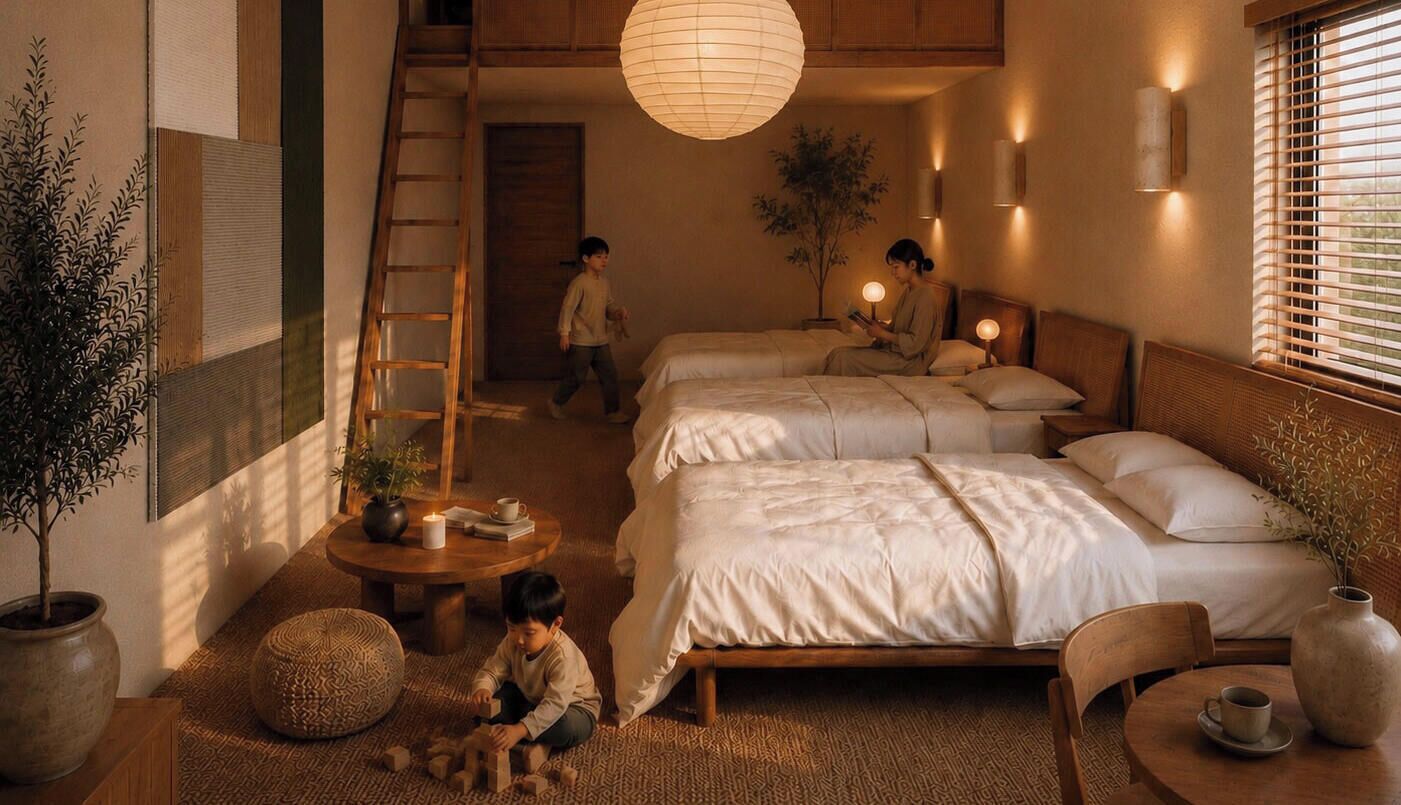 A cozy bedroom with two beds, a ladder, a small table with a cup, and a potted plant.