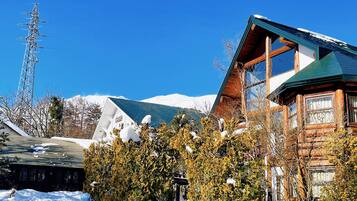 A wooden cabin with a green roof, surrounded by snow-covered ground and trees.