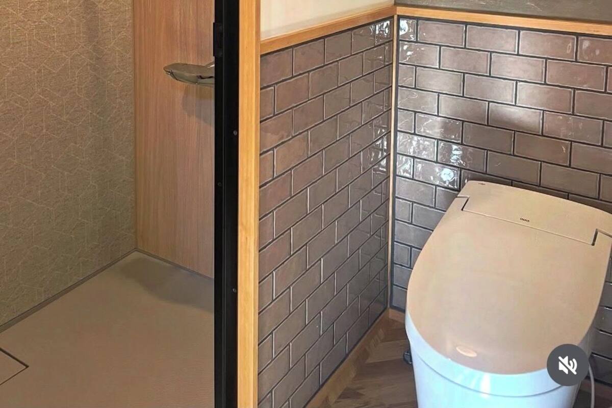 A bathroom with a shower, a toilet, and a hanging light fixture.