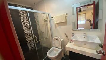 A bathroom with a glass-enclosed shower, a white toilet, a sink, and a mirror.