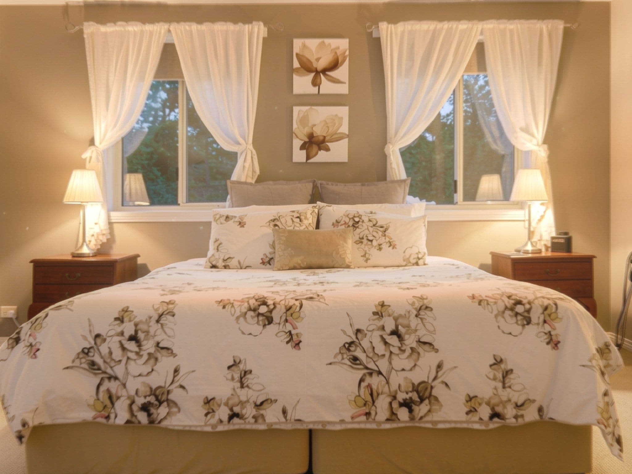 A bedroom with a bed, two bedside tables, a window with curtains, and a wall-mounted flower decoration.