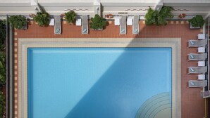 Ein Pool auf dem Dach mit glasklarer blauer Wasseroberfläche, umgeben von weißen Liegestühlen und Topfpflanzen.