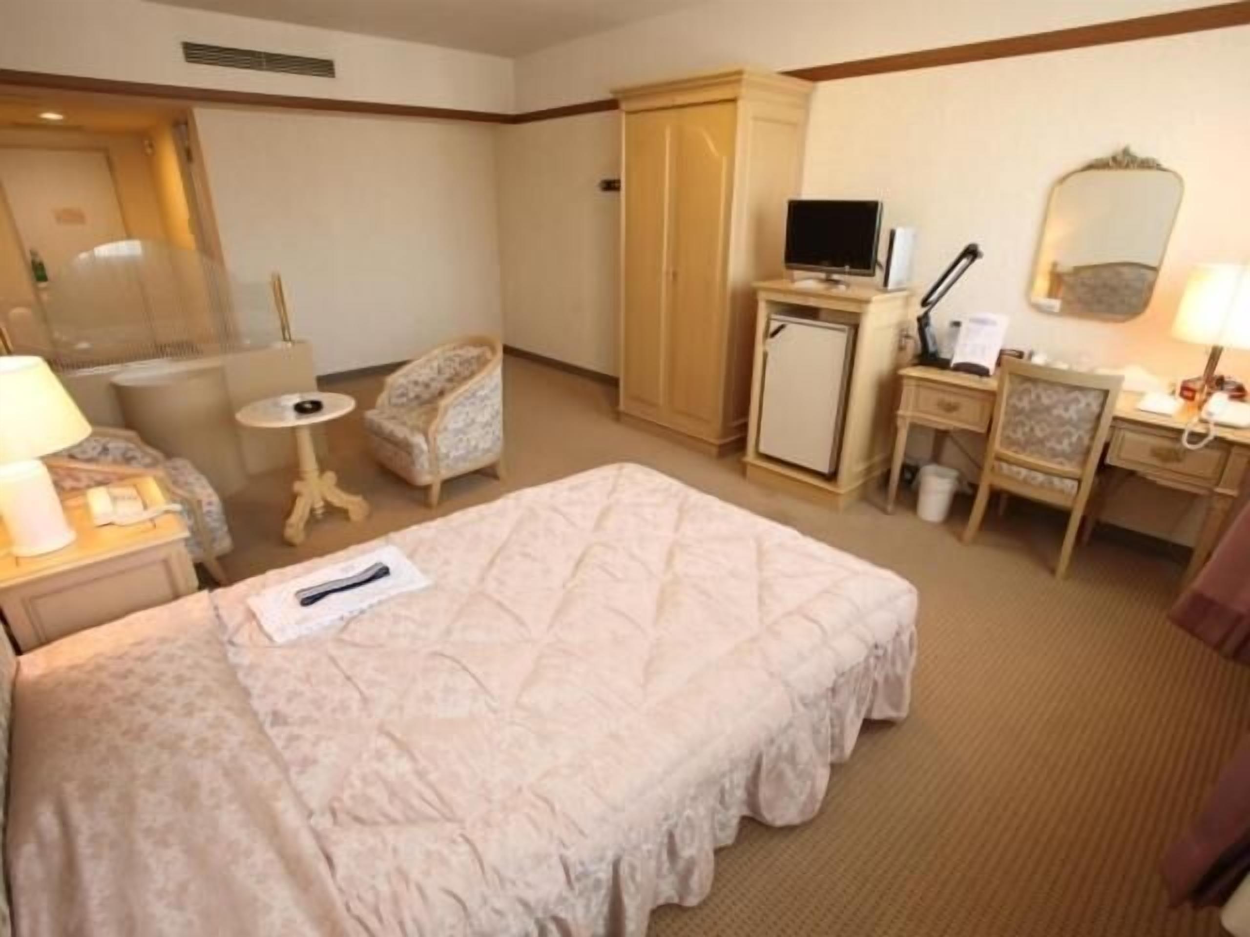 Una habitación de hotel con una cama, un escritorio, una silla, un televisor, un espejo y una mesita.
