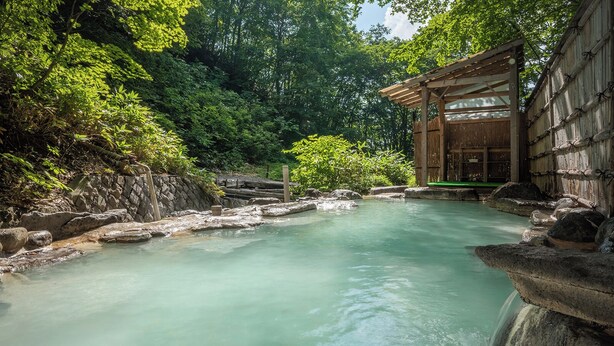 A natural hot spring surrounded by rocks and greenery, with a wooden building nearby. - Sakaiya Mori no Hotel Wald Berg (YAMAGATA)